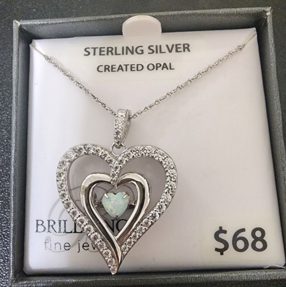 Ladies Brilliance Fine Jewelry Sterling Silver Opal Dancing Heart Pendant, 18"